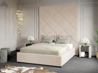 Pat Tapitat cu Panou 191x228 C1 Dubai cu somiera fixa Crem - Velluto 2 160x200