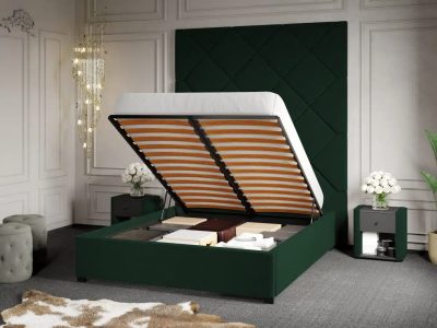 Pat Tapitat cu Panou 191x228 C1 Dubai pentru saltea de 190 rabatabil cu lada Verde Inchis - Velluto 27 140x190