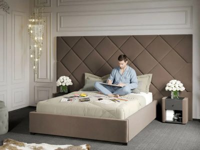 Pat Tapitat cu Panou 305x171 C4 Dubai cu somiera fixa Cappuccino - Velluto 29 140x200