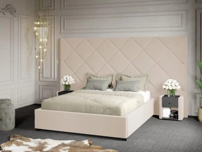 Pat Tapitat cu Panou 305x171 C4 Dubai cu somiera fixa Crem - Velluto 2 180x200
