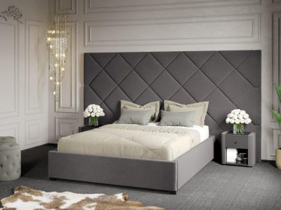 Pat Tapitat cu Panou 305x171 C4 Dubai cu somiera fixa Gri - Velluto 16 140x200