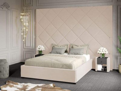Pat Tapitat cu Panou 305x228 C3 Dubai cu somiera fixa Crem - Velluto 2 140x200
