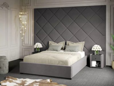 Pat Tapitat cu Panou 305x228 C3 Dubai cu somiera fixa Gri - Velluto 16 160x200