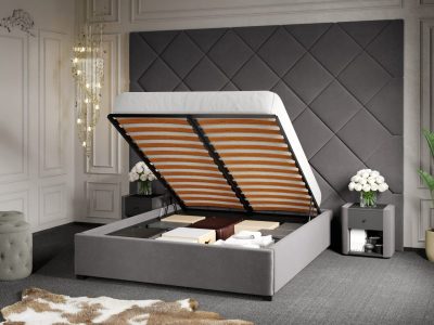 Pat Tapitat cu Panou 305x228 C3 Dubai pentru saltea de 190 rabatabil cu lada Gri - Velluto 16 180x190