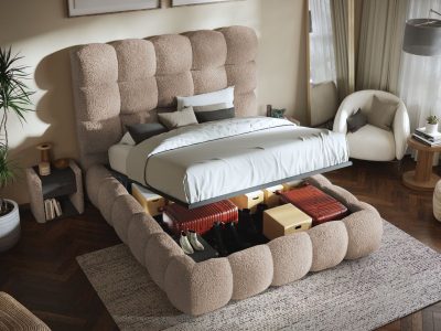 Pat Tapitat Lotus tip bubble cu somiera rabatabila si lada de depozitare Bej - Rolf 2 160x200