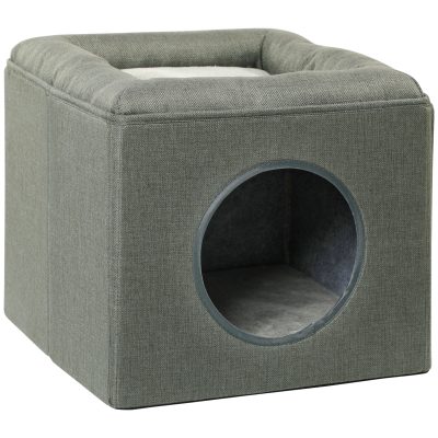 PawHut Căsuță pentru Pisici cu 2 Nivele și Pernă din Pluș, din Lemn, Poliester și Plastic, 36.5x36.5x33 cm, Verde | Aosom Romania