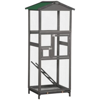 PawHut Colivie pentru Păsări din Lemn și Plasă Metalică cu 2 Uși și Tavă Detașabilă, 68x63x165 cm, Gri Deschis | Aosom Romania