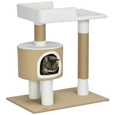 PawHut Copac zgâriat Copac de pisici cu casă de pisici, 1 casă de pisici, 1 pat, 70 cm x 49 cm x 79 cm, Natur + Alb | Aosom Romania