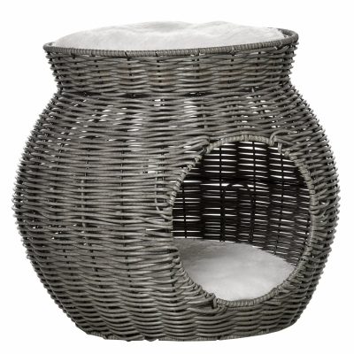 PawHut Coș pentru Pisici din Rattan PE cu 2 Niveluri, Zonă de Zgâriat și Cușcă, Perne de Plus Lavabile, Diametru Φ50x43.5cm, Gri Închis | Aosom Romania
