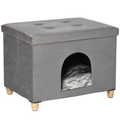 PawHut Taburet pentru Pisici cu Pernă Detașabilă și Lavabilă, Taburet cu Pat și Picioare, 60x45x44.5 cm, Gri | Aosom Romania