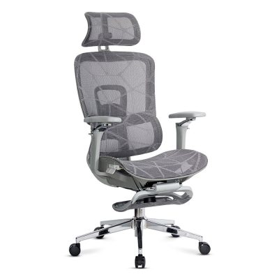 Scaun birou ergonomic gri din mesh cu tetieră reglabilă, brațe 4D și șezut culisant SYYT 9520