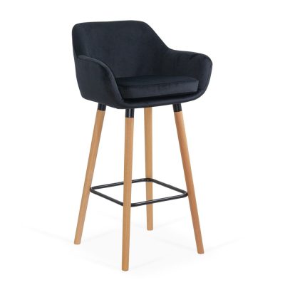 Scaun de bar negru din catifea cu picioare din lemn ABS 1271