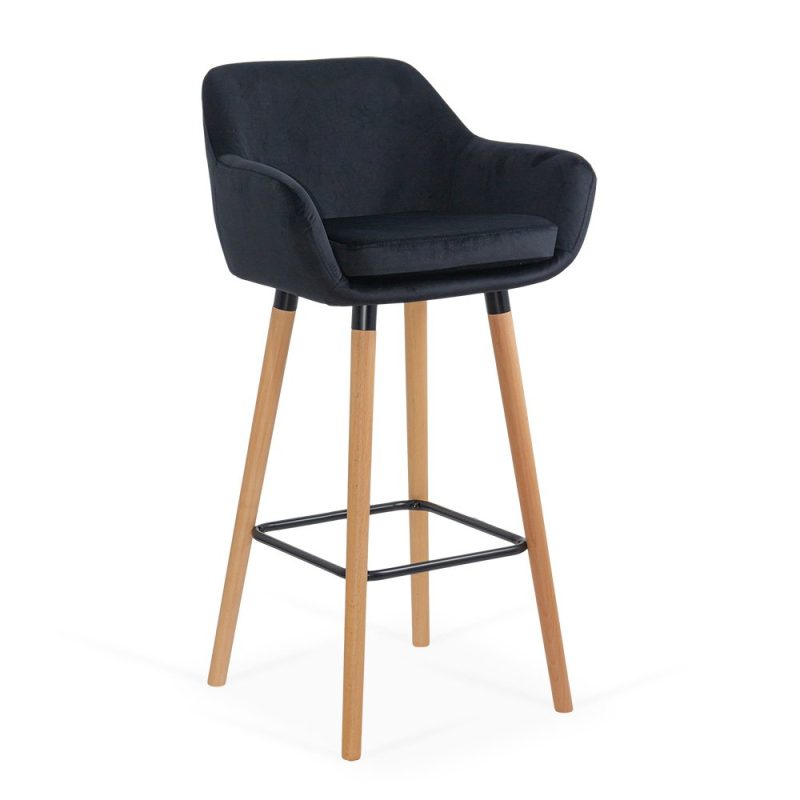 Scaun de bar negru din catifea cu picioare din lemn ABS 1271