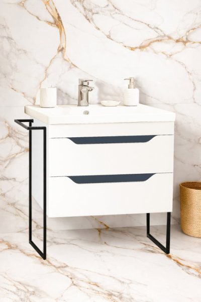 Set Baza front MDF si Lavoar seria 756, cu sertare, cadru metalic, 70 cm, alb + antracit