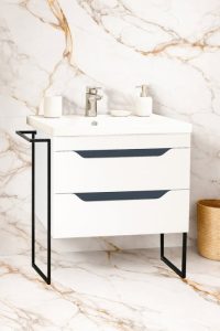 Set Baza front MDF si Lavoar seria 756, cu sertare, cadru metalic, 70 cm, alb + antracit