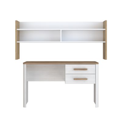 Set Birou RAMIRO, cu 2 sertare 125x60x74 cm + etajera birou RAMIRO, cu spatii depozitare, 140x26x60 cm, alb + stejar Artisan