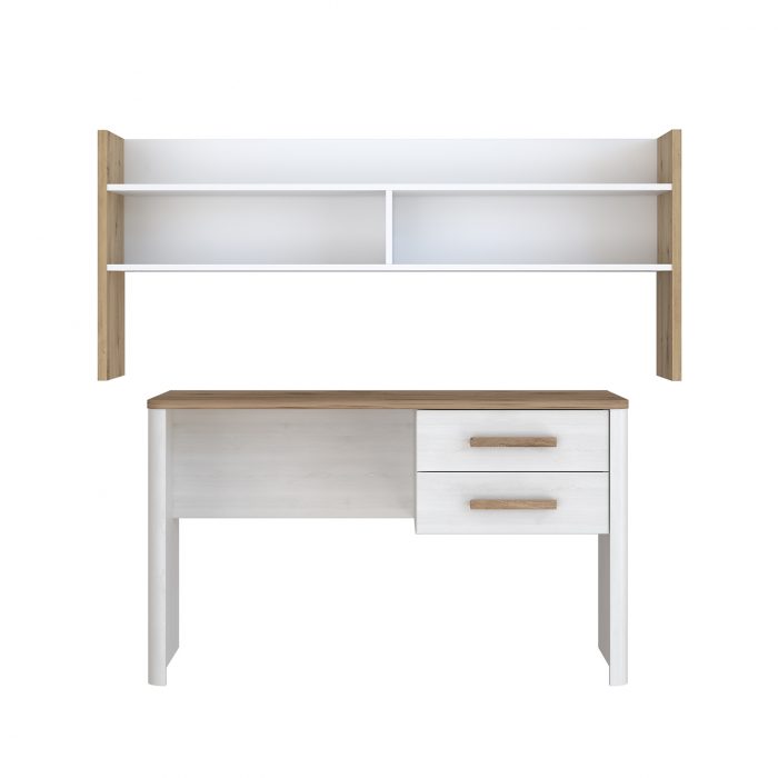 Set Birou RAMIRO, cu 2 sertare 125x60x74 cm + etajera birou RAMIRO, cu spatii depozitare, 140x26x60 cm, alb + stejar Artisan
