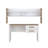 Set Birou RAMIRO, cu 2 sertare 125x60x74 cm + etajera birou RAMIRO, cu spatii depozitare, 140x26x60 cm, alb + stejar Artisan