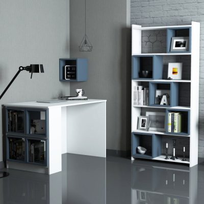 Set birou si biblioteca BOX, 3 piese, alb + albastru
