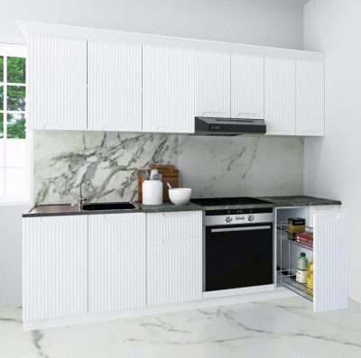 Set bucatarie SPACE 240 cm, 9 corpuri, corp cuptor, corp Jolly, blat termorezistent, fronturi MDF, alb rustic