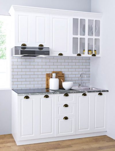 Set bucatarie SQUARE 160 cm, 6 corpuri, blat termorezistent, fronturi MDF, alb rustic