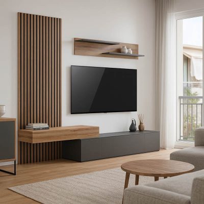 Set Comoda Tv Litende cu Riflaj, antracit-stejar, 249x42x199 cm - Antracit