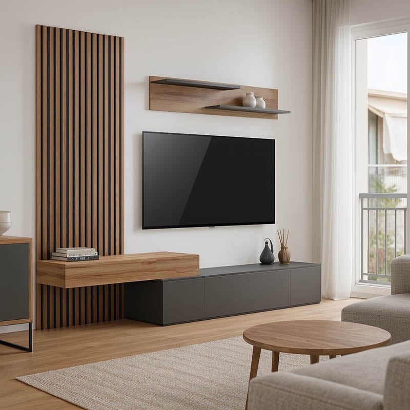 Set Comoda Tv Litende cu Riflaj, antracit-stejar, 249x42x199 cm - Antracit