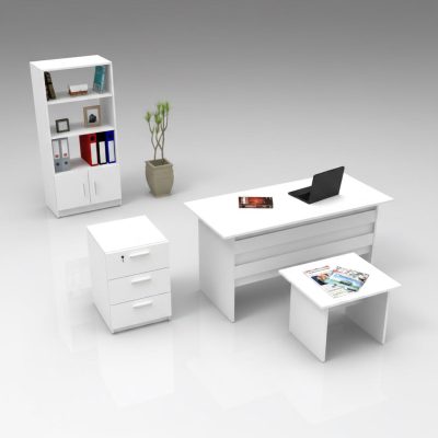 Set de mobilier de birou Clabber, Alb - Stejar - Nuc, 4 piese Biblioteca - Birou - Masa - Rollbox, 140x60x74 cm - Alb