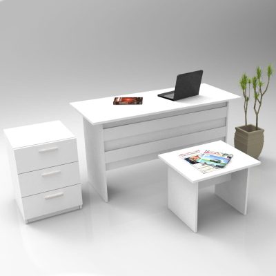 Set de mobilier de birou Hurchis, Alb - Nuc - Stejar, 3 Piese, Birou - Rollbox - Masuta - Alb