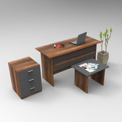 Set de mobilier de birou Hurchis, Alb - Nuc - Stejar, 3 Piese, Birou - Rollbox - Masuta - Nuc