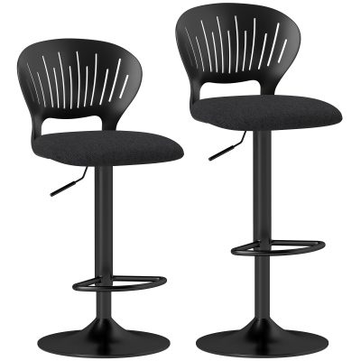 Set HOMCOM de 2 Scaune de Bar Reglabile, Scaune de Bucătărie Înalte din Țesătură Tip In cu Spătar, Suport pentru Picioare și Scaun Moale, Structură din Metal, Scaune de Bar Rotative la 360°, Negru | Aosom Romania