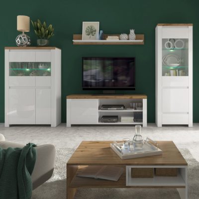 Set Living VIGO, 5 piese, comoda TV, 2 vitrine, masuta de cafea, raft suspendat, alb  + stejar wotan, 322x41,5x202 cm