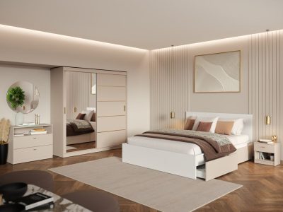 Set Mobila Dormitor, Bej Casmir cu Dulap Usi Glisante – Nara CO4