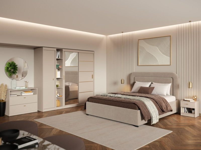 Set Mobila Dormitor, Bej Casmir cu Dulap Usi Glisante – Nara CO8