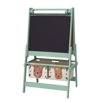 Tablă pentru copii 3 în 1 AIYAPLAY cu 2 containere, șevalet de artă din lemn pentru copii 3-8 ani, 54x46,5x93cm, de culoare verde | Aosom Romania