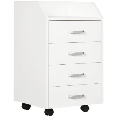 Vinsetto Dulap Birou din Lemn cu 4 Sertare, Fiset Birou cu Roti si Margini Inaltate, 40x36x65cm, Alb