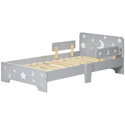 ZONEKIZ Pat pentru copii 3-6 ani cu stele si luna din MDF si PAL, 143x76x49 cm, culoare gri si lemn | Aosom Romania